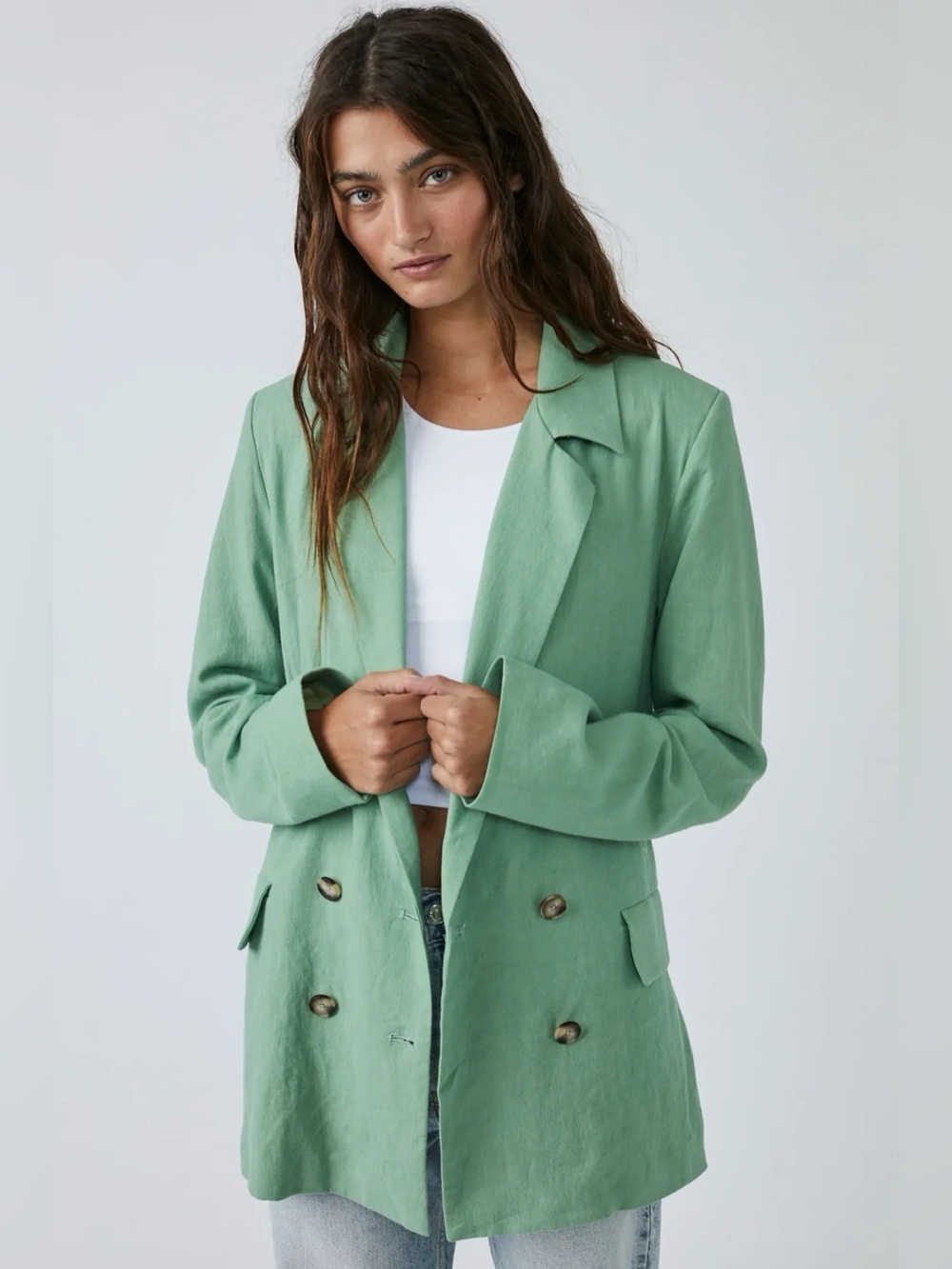 Free People Olivia Linen Lightweight Slouchy Blazer Womens M Grassland Green